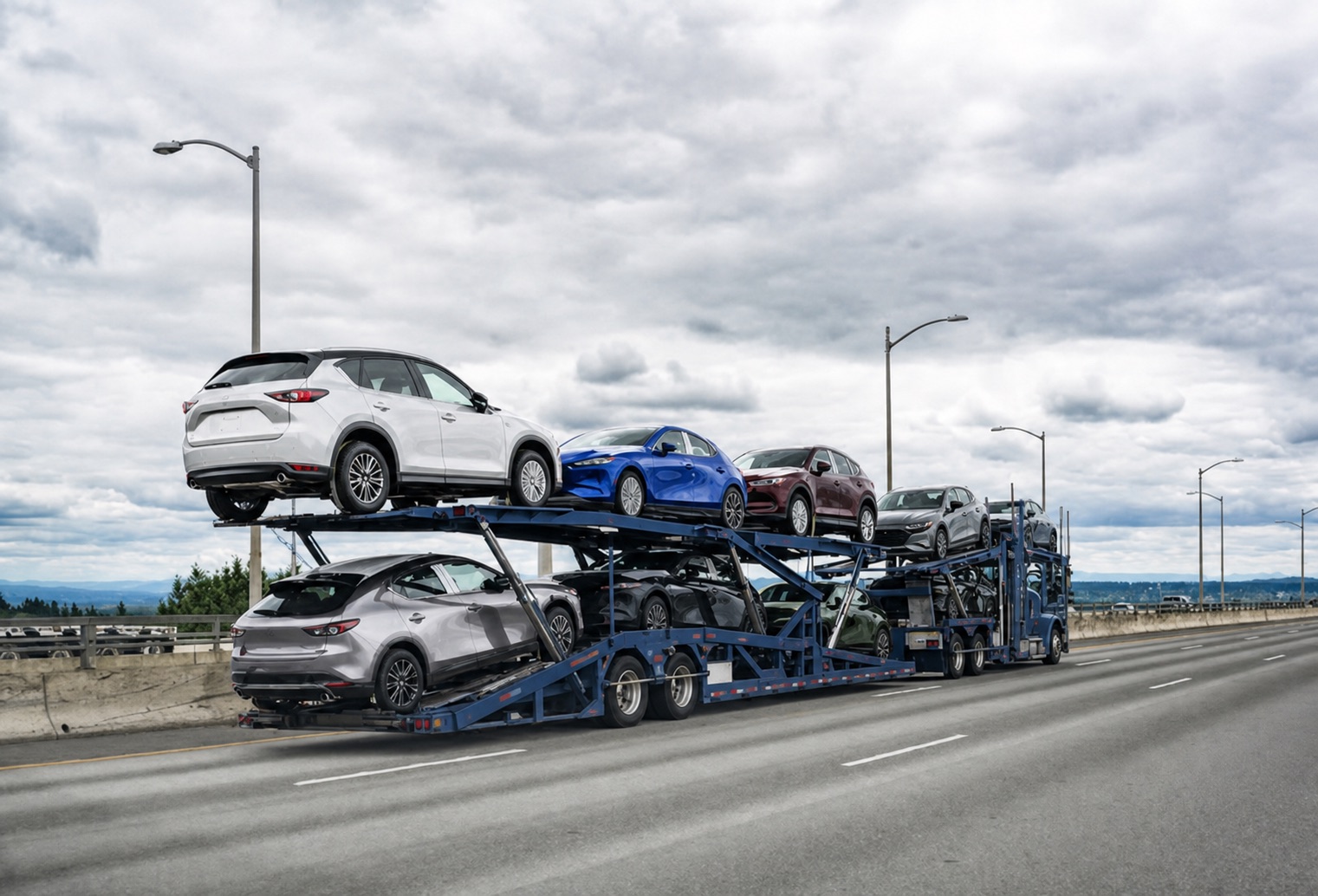 Vehicles transported across the United States on a car hauler