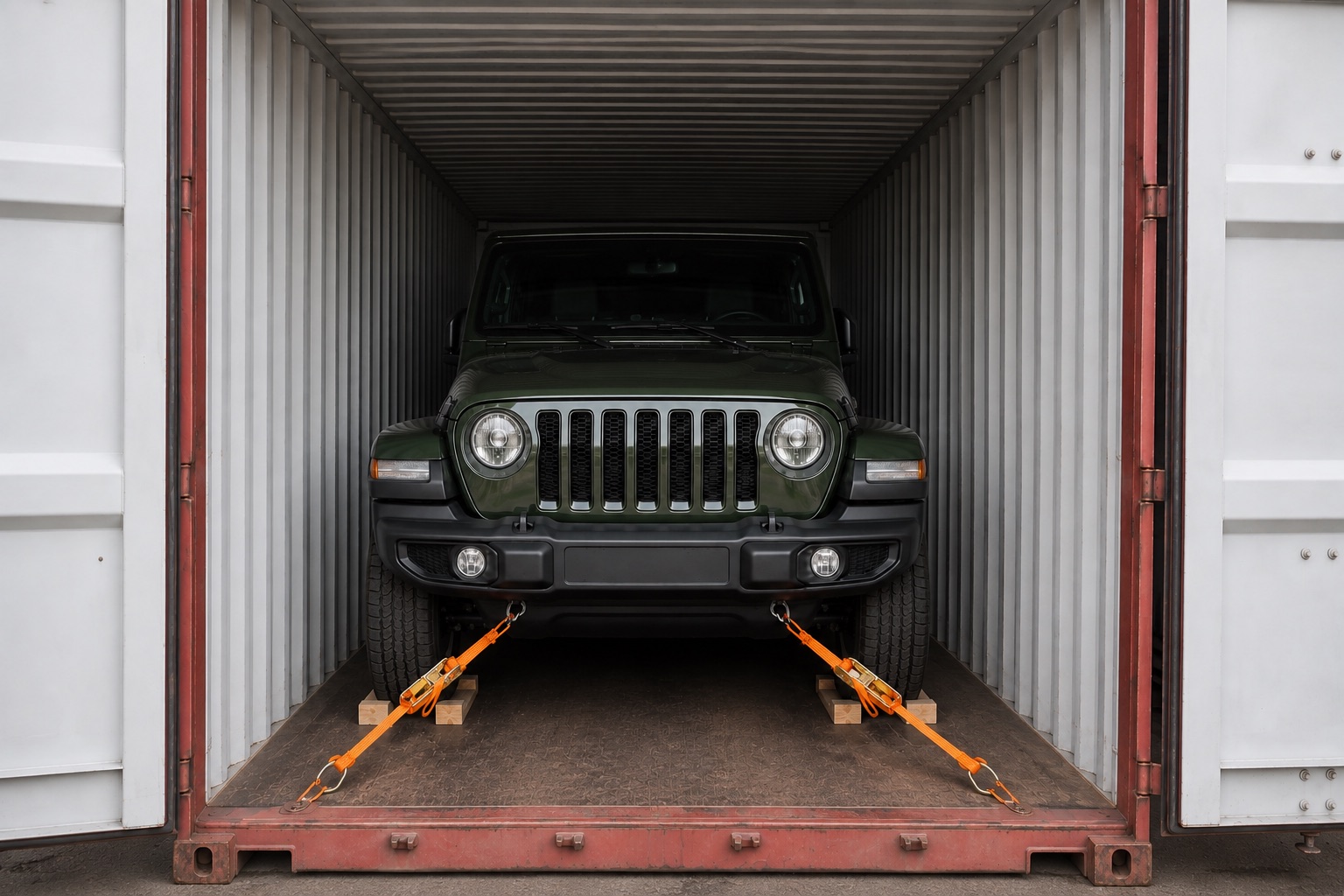 Vehicle secured inside an ocean freight container